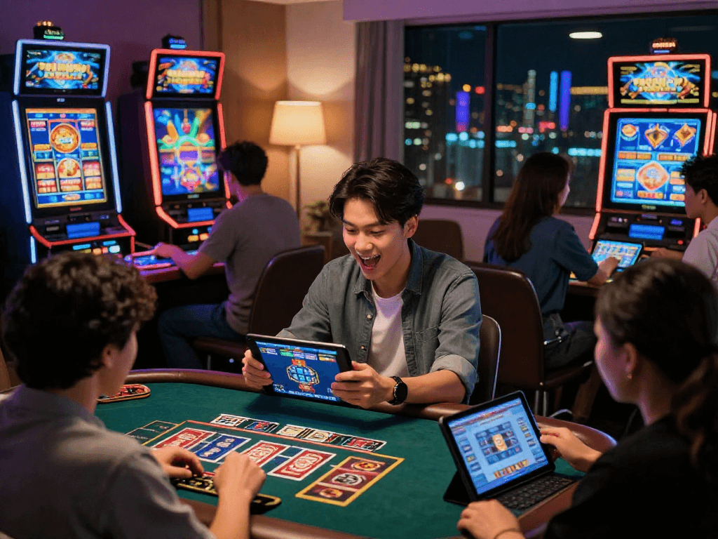 Mb66 online gaming scene with players enjoying live casino games and vibrant slot machines.